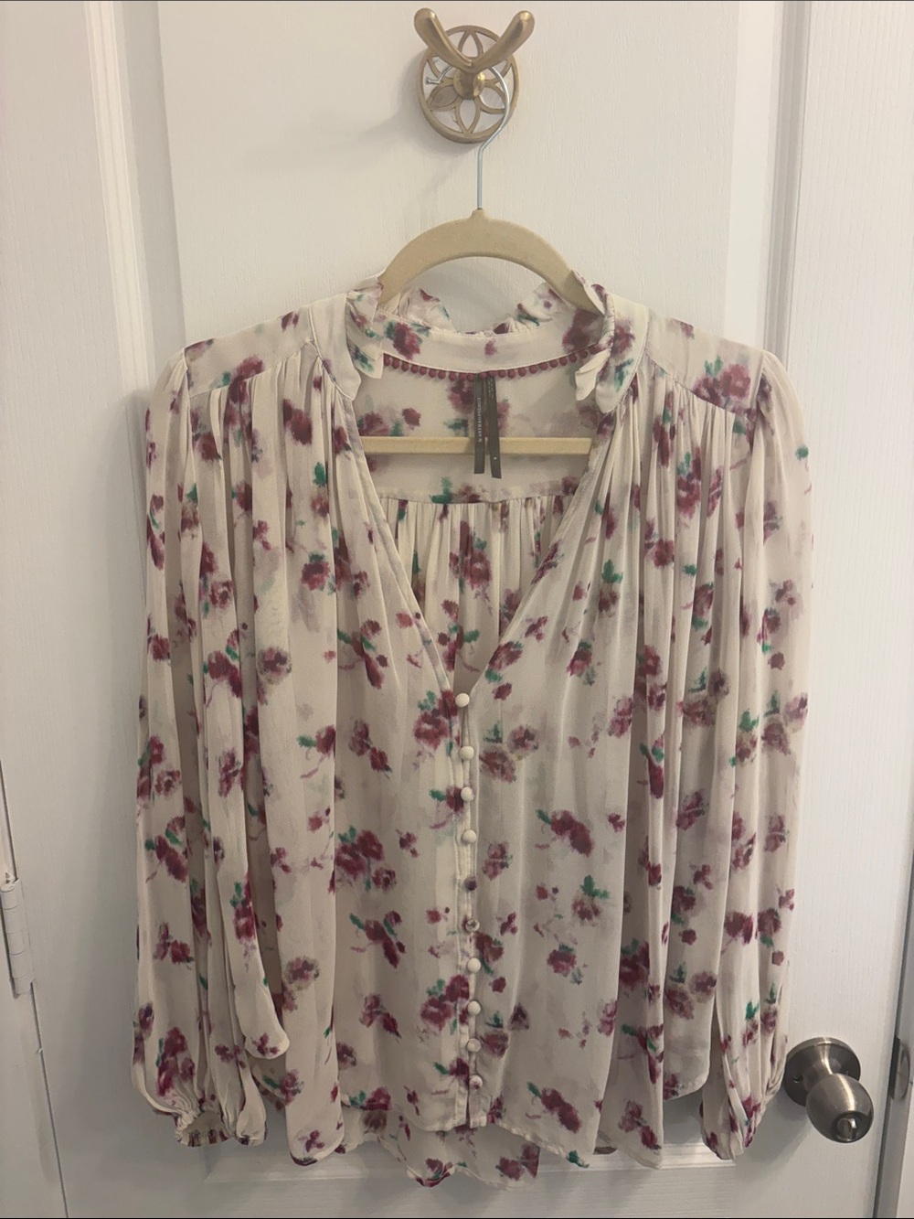 Anthropologie Cream Blouse with Burgundy & Teal Floral Print